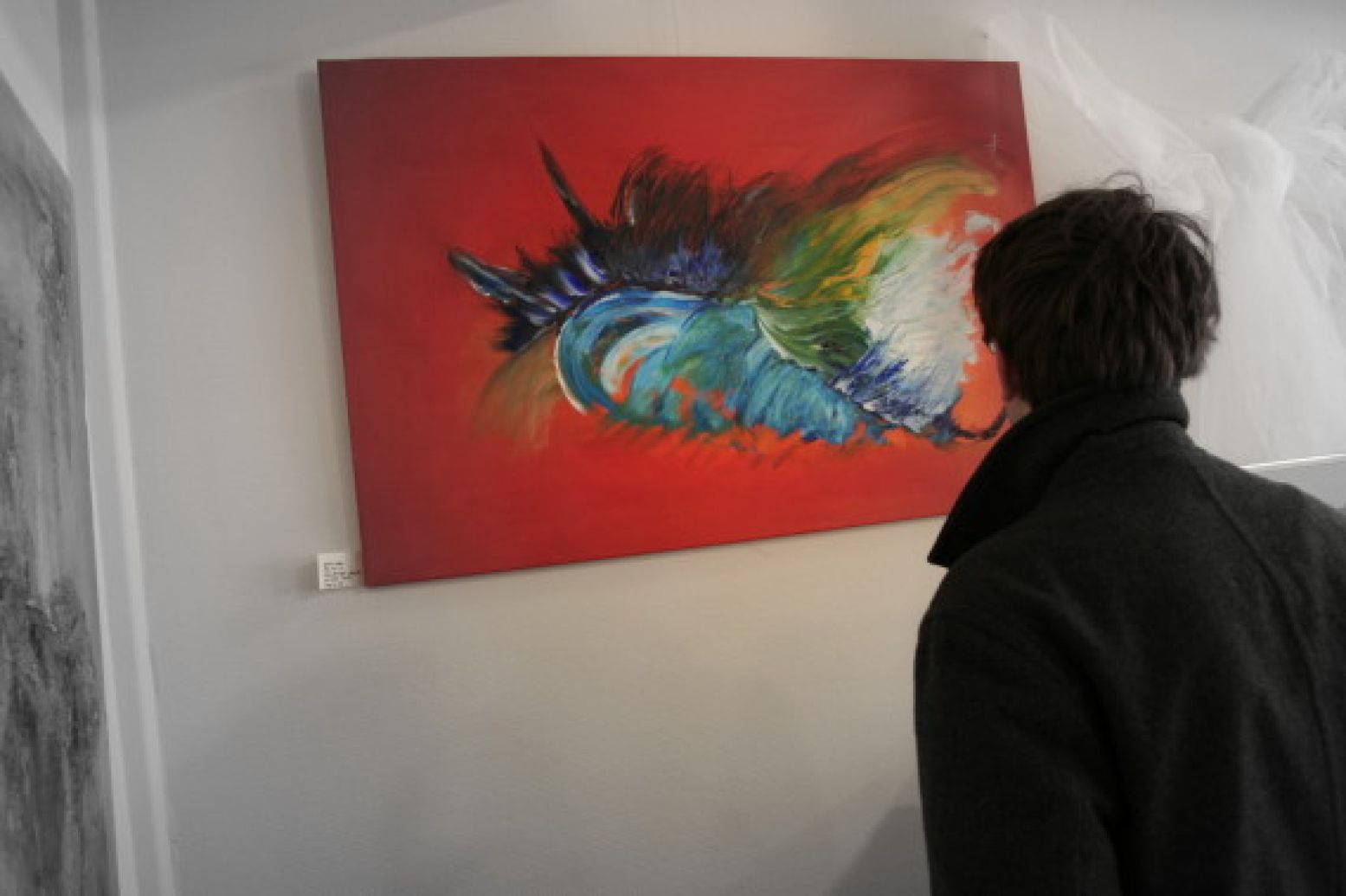 Een bezoeker bewondert het doek Bird on Red van modern kunstenaar Thea Benschop-Houdijk. Foto: Caroline de Vente.